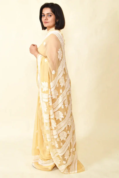 Fabnuma Handcrafted Fawn Georgette Chikankari Saree-Blouse - Fabnuma