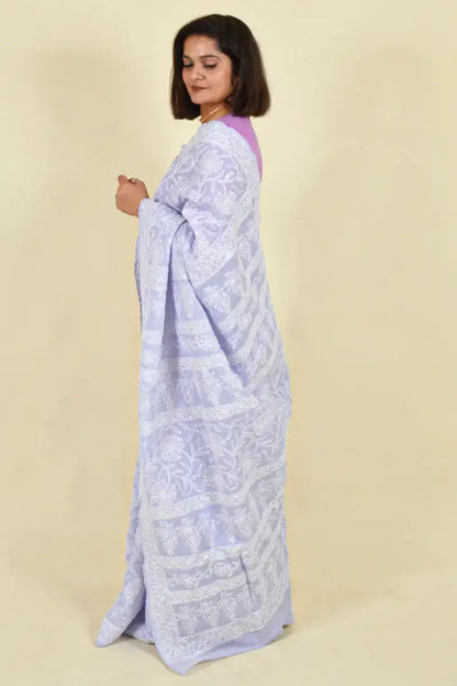 Fabnuma Handcrafted Lavender Cotton Chikankari Saree-Blouse - Fabnuma