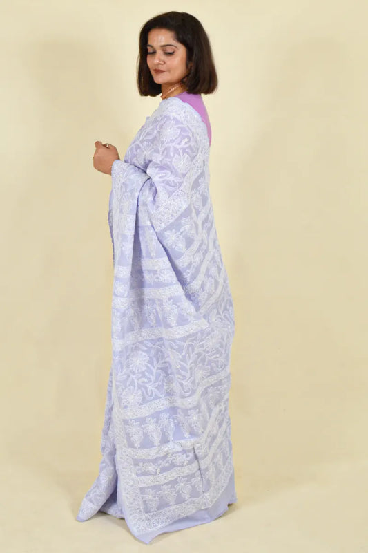 Fabnuma Handcrafted Lavender Cotton Chikankari Saree-Blouse - Fabnuma