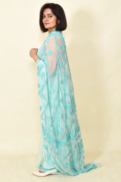 Fabnuma Handcrafted Sky Blue Georgette Chikankari Saree-Blouse - Fabnuma