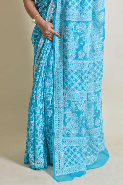 Fabnuma Handcrafted Turquoise Blue Georgette Chikankari Saree-Blouse - Fabnuma