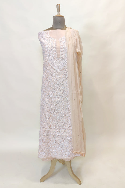 Fabnuma Handcrafted Peach Cotton Chikankari 3Pcs Unstiched Suit Set - Fabnuma