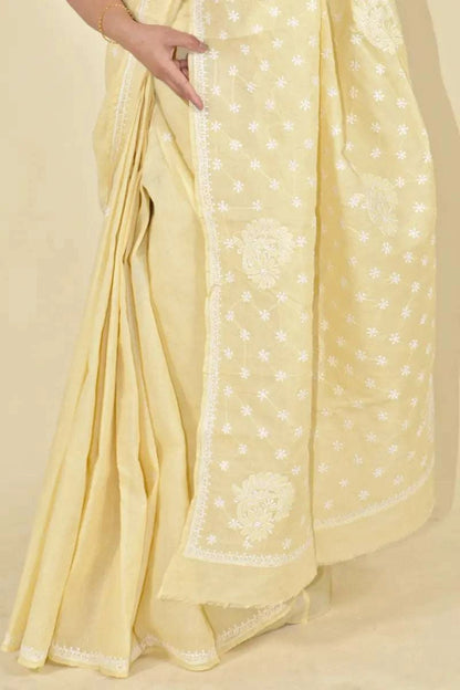 MeMaana Handcrafted Fawn Cotton Chikankari Saree-Blouse MeMaana