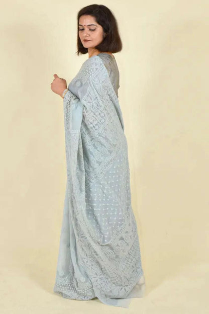 MeMaana Handcrafted Gray Georgette Chikankari Saree-Blouse MeMaana