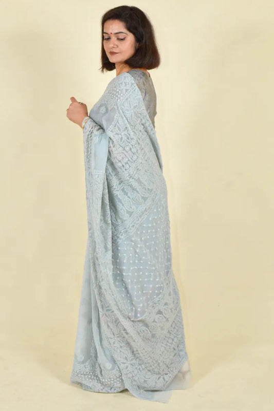 Fabnuma Handcrafted Gray Georgette Chikankari Saree-Blouse Fabnuma