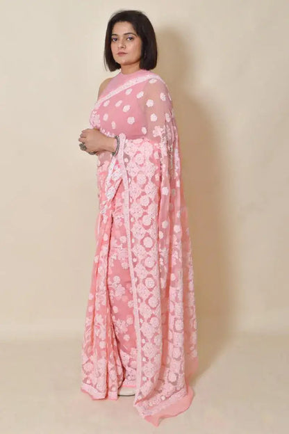 Fabnuma Handcrafted Peach Georgette Chikankari Saree-Blouse - Fabnuma