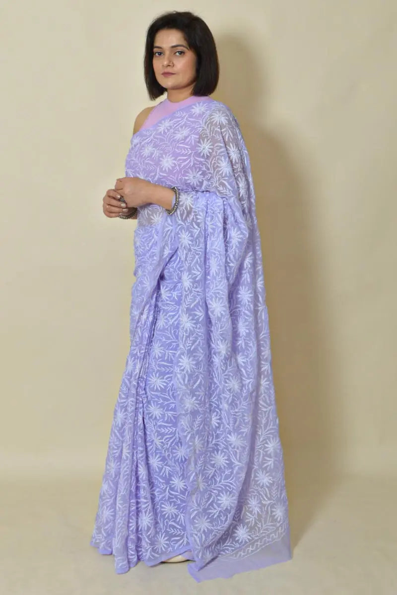 Fabnuma Handcrafted Lavender Georgette Tepchi Chikankari Saree-Blouse - Fabnuma