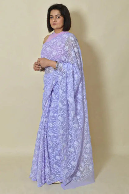 Fabnuma Handcrafted Lavender Georgette Tepchi Chikankari Saree-Blouse - Fabnuma