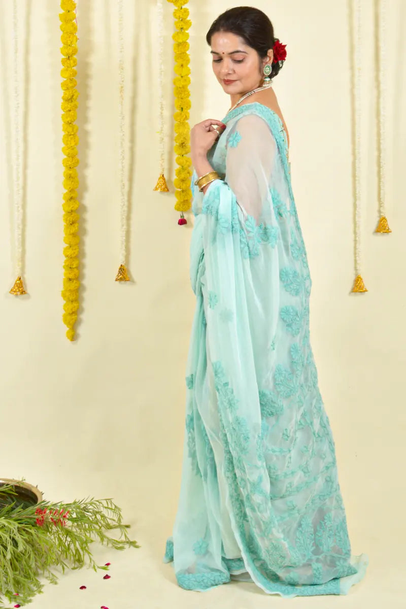Fabnuma Handcrafted Sea Green Georgette Chikankari Saree-Blouse Fabnuma