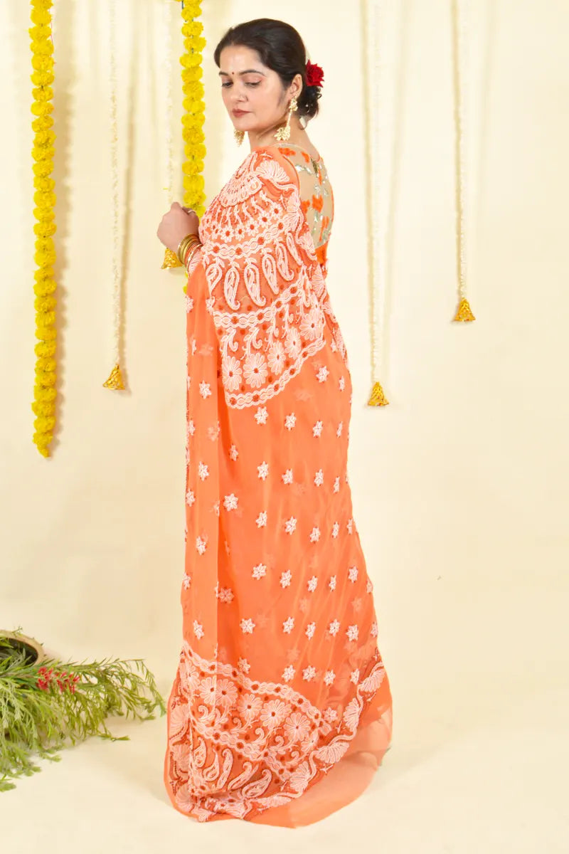 Fabnuma Handcrafted Orange Georgette Chikankari Saree-Blouse - Fabnuma