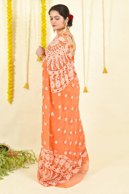 Fabnuma Handcrafted Orange Georgette Chikankari Saree-Blouse - Fabnuma