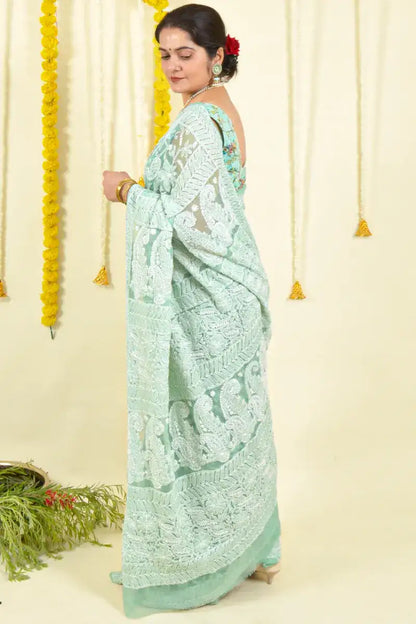 Fabnuma Handcrafted Pista Green Georgette Sequence Pearl Work  Chikankari Saree-Blouse - Fabnuma