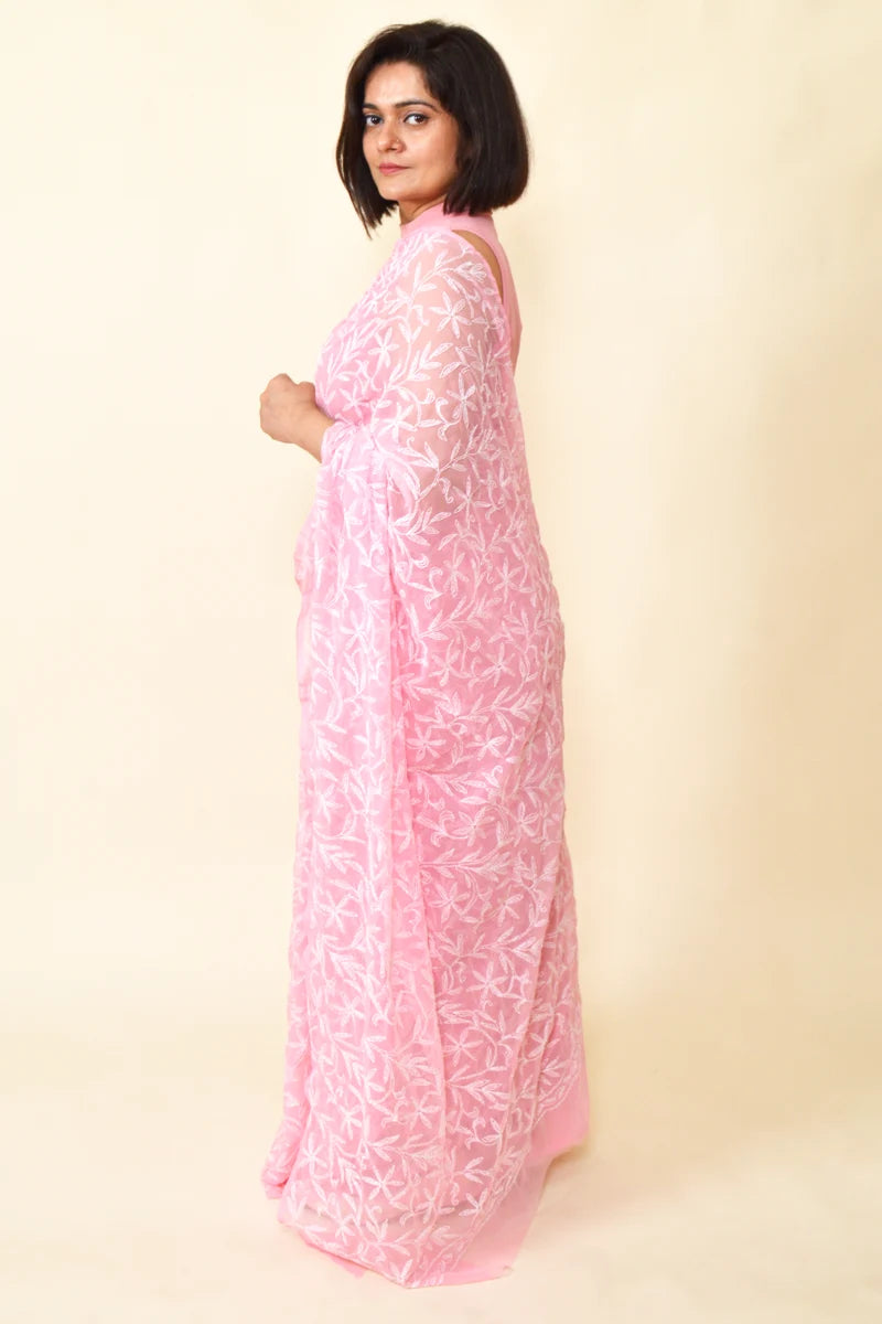 Fabnuma Handcrafted Peach Georgette Tepchi Chikankari Saree-Blouse - Fabnuma