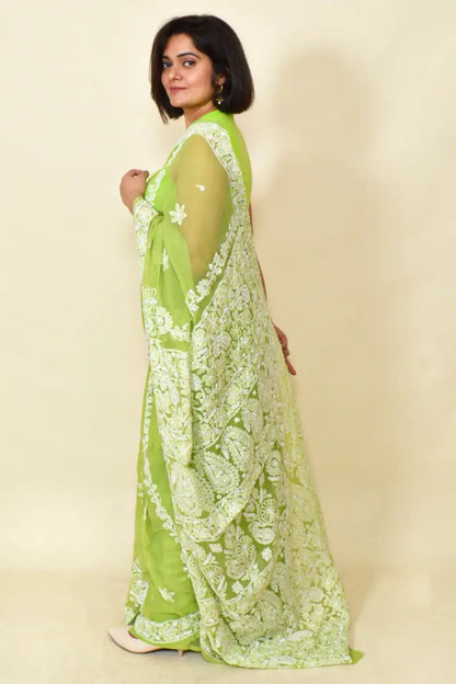 Fabnuma Handcrafted Green Georgette Chikankari Saree-Blouse - Fabnuma