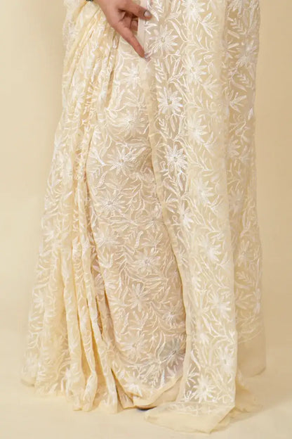 Fabnuma Handcrafted Beige Georgette Tepchi Chikankari Saree-Blouse - Fabnuma