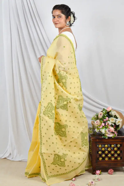 Handcrafted Yellow Cotton Saree with intricate Lucknowi Chikankari Embroidery and a matching Blouse, ideal for Festive and  occasions.