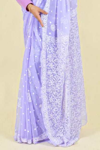 Fabnuma Handcrafted Lavender Georgette Chikankari Saree-Blouse - Fabnuma