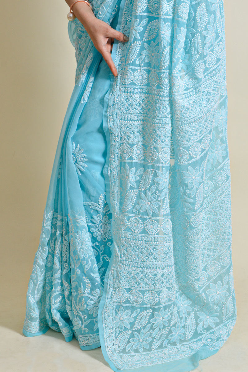 Fabnuma Handcrafted Sky Blue Georgette Chikankari Saree-Blouse - Fabnuma