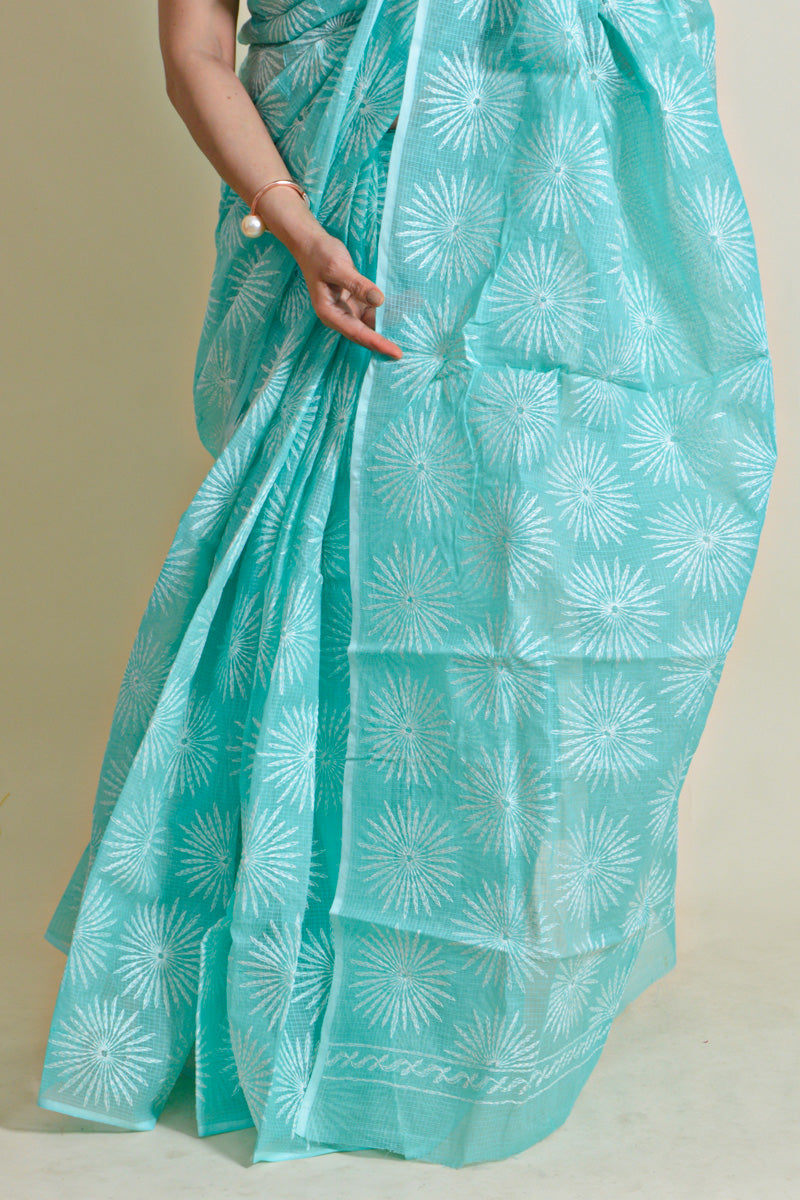 Fabnuma Handcrafted Sea Green Kota Cotton Chikankari Saree-Blouse - Fabnuma
