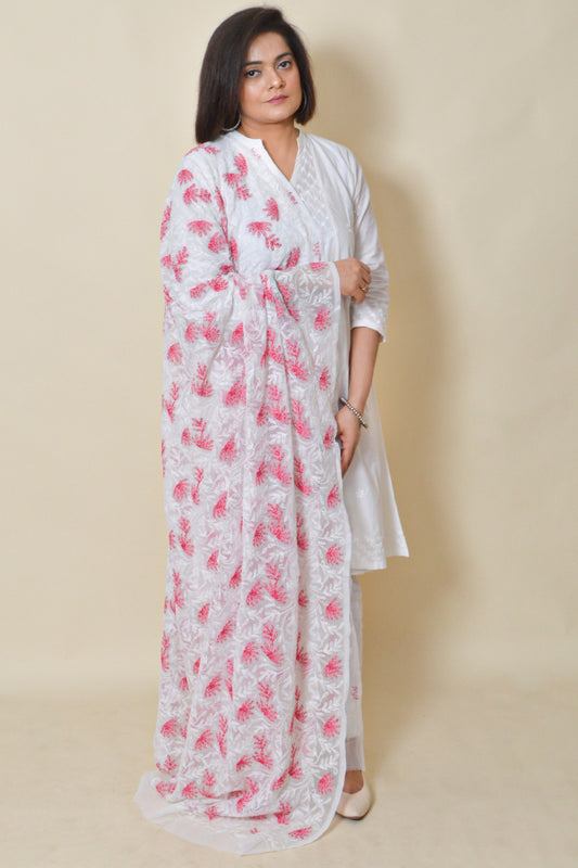 Fabnuma Handcrafted White Georgette Allover Tepchi Chikankari Dupatta - Fabnuma