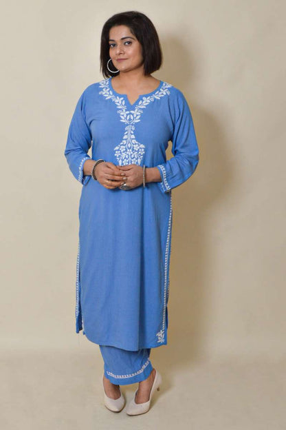Fabnuma Handcrafted Blue Rayon Cotton Chikankari Kurta Bottom Set - Fabnuma