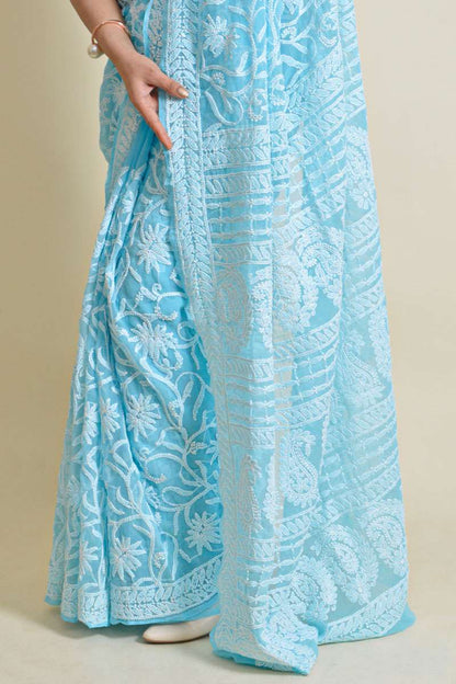 Fabnuma Handcrafted Sky Blue Georgette Chikankari Saree-Blouse - Fabnuma