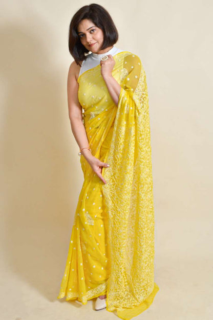 Fabnuma Handcrafted Yellow Georgette Chikankari Saree-Blouse - Fabnuma
