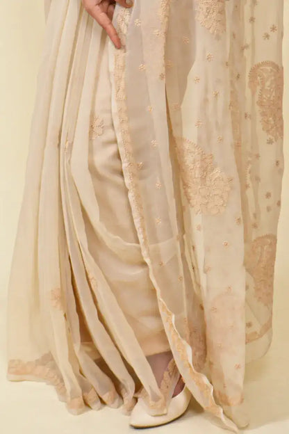 Fabnuma Handcrafted Beige Georgette Chikankari Saree-Blouse - Fabnuma