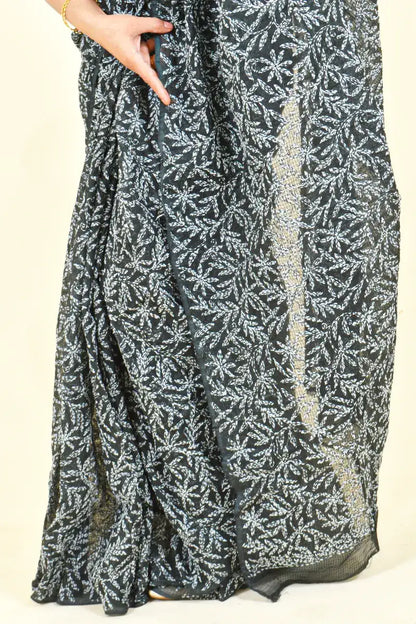 Fabnuma Handcrafted Black Kota Cotton Chikankari Saree-Blouse - Fabnuma