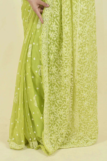 Fabnuma Handcrafted Green Georgette Chikankari Saree-Blouse - Fabnuma