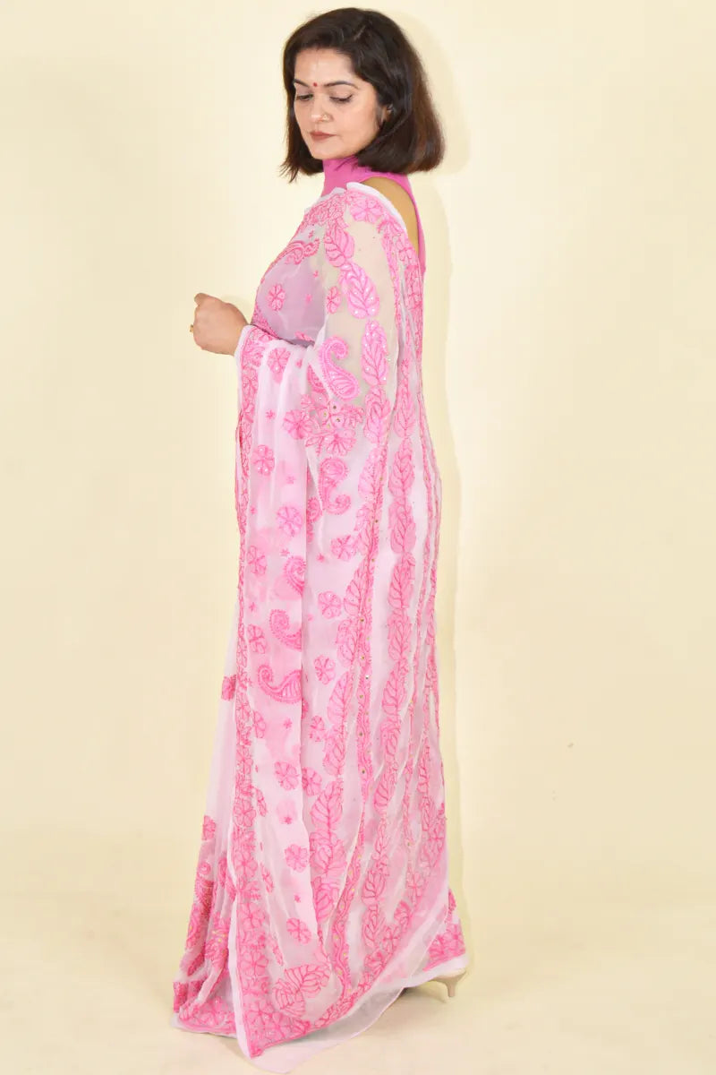 Fabnuma Handcrafted Pink Georgette With Mukaish Work Chikankari Saree-Blouse Fabnuma