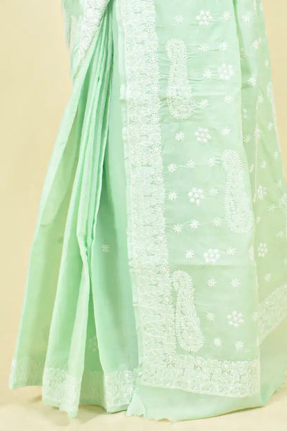Fabnuma Handcrafted Mint Green Cotton Chikankari Saree-Blouse - Fabnuma