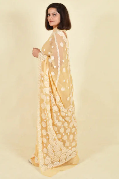 Fabnuma Handcrafted Beige Georgette Chikankari Saree-Blouse - Fabnuma