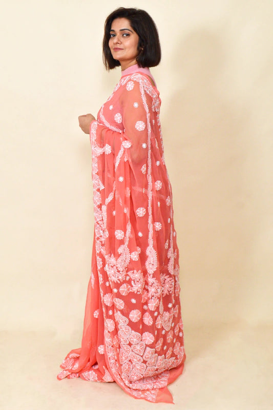 Fabnuma Handcrafted Carrot Red Georgette Chikankari Saree-Blouse - Fabnuma