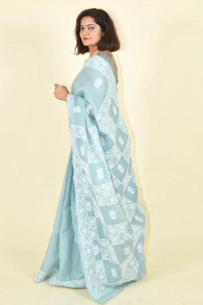 Fabnuma Handcrafted Gray Cotton Chikankari Saree-Blouse - Fabnuma