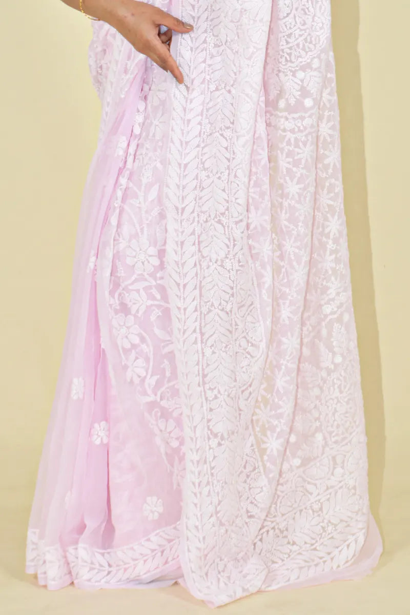 Fabnuma Handcrafted Pink Georgette Chikankari Saree-Blouse - Fabnuma