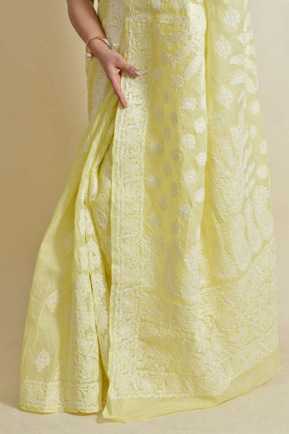 Fabnuma Handcrafted Lemon Cotton Chikankari Saree Wth Blouse - Fabnuma
