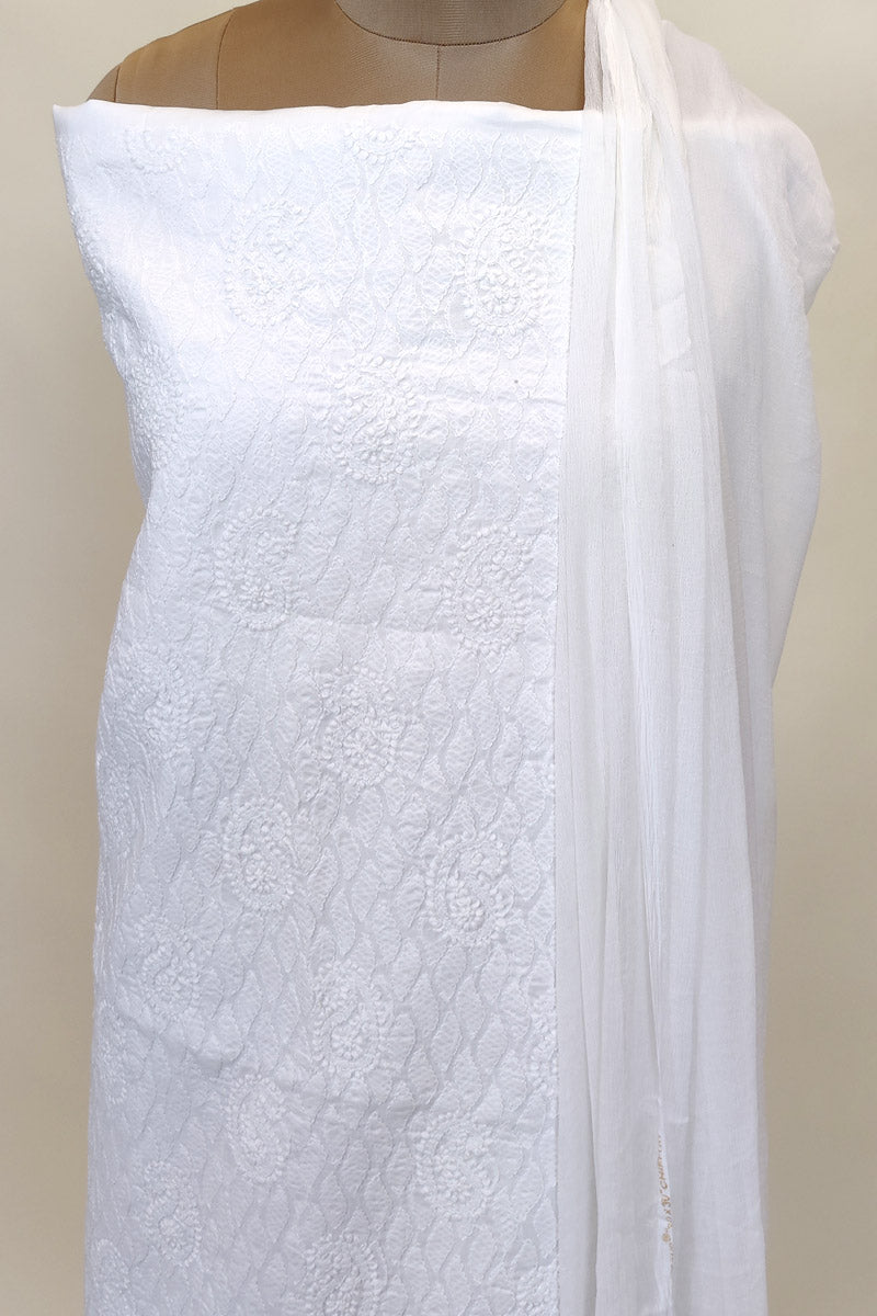Fabnuma Handcrafted White Cotton Chikankari 3Pcs Unstiched Suit Set - Fabnuma