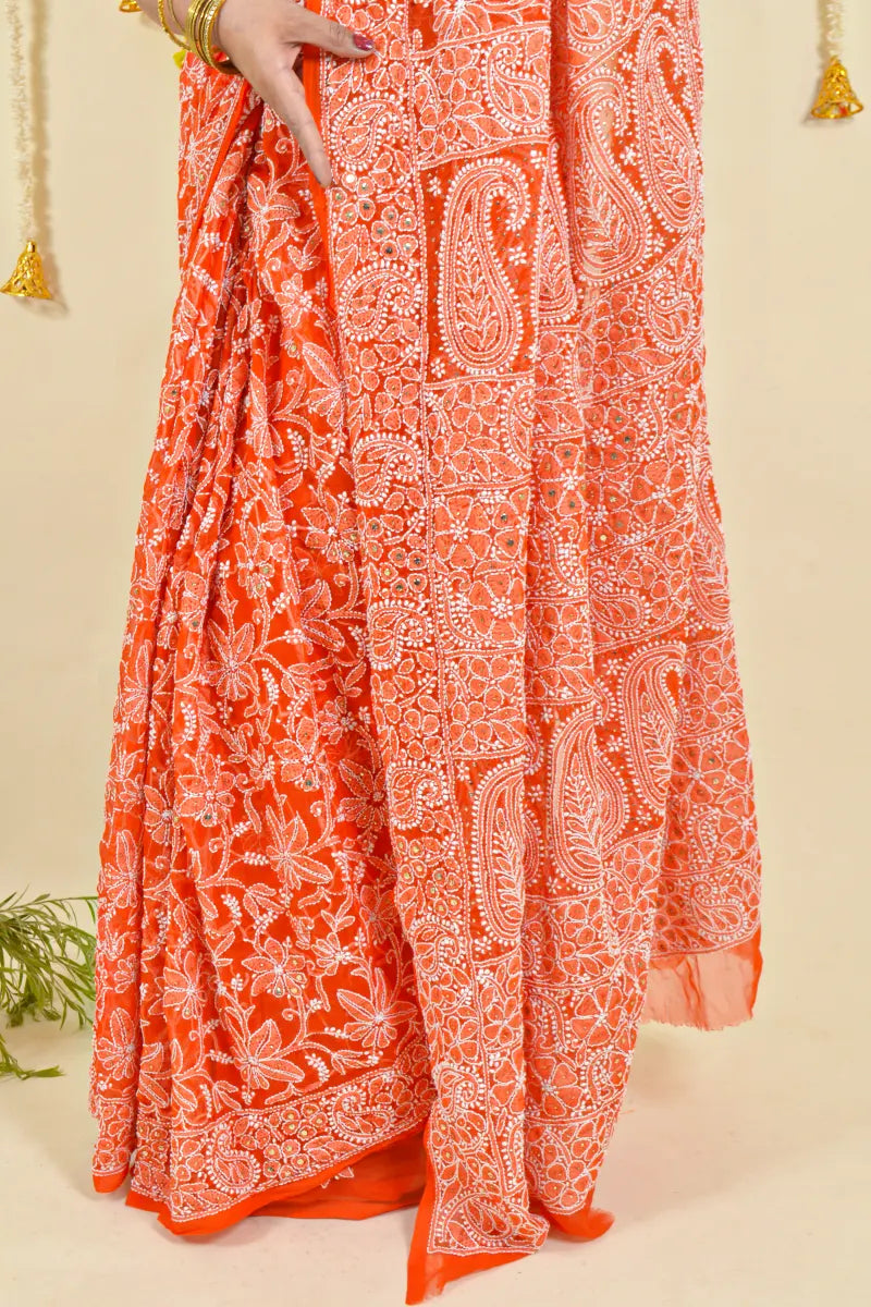 Fabnuma Handcrafted Orange Georgette Chikankari Saree-Blouse Fabnuma