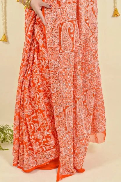 MeMaana Handcrafted Orange Georgette Chikankari Saree With Mukaish Work-Blouse MeMaana