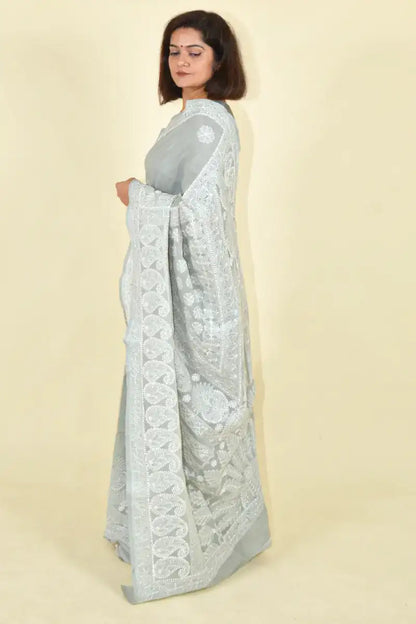 Fabnuma Handcrafted Gray Cotton Chikankari Saree-Blouse - Fabnuma