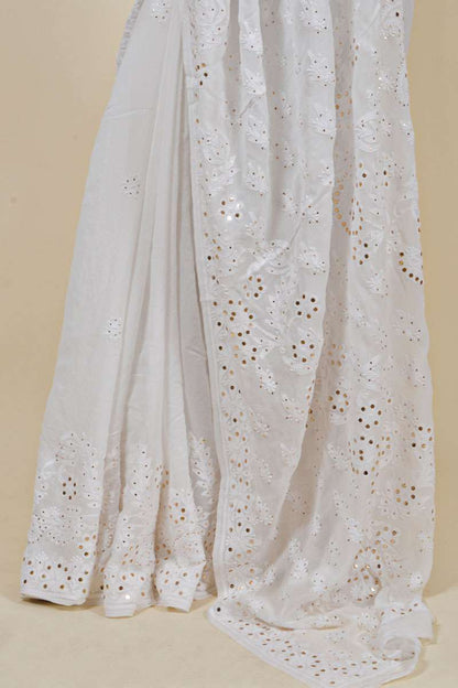 Fabnuma Handcrafted White Viscose Chikankari Saree-Mukesh Work - Fabnuma