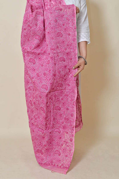 Fabnuma Handcrafted Pink Cotton Allover Chikankari Dupatta with intricate floral embroidery and delicate traditional design.