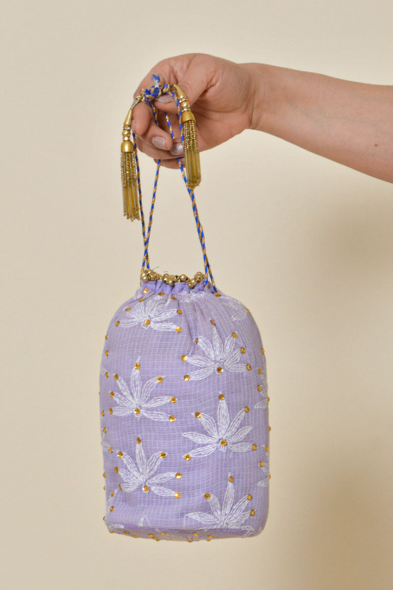 Fabnuma Handcrafted Lavender Chikankari Potli Bag - Fabnuma