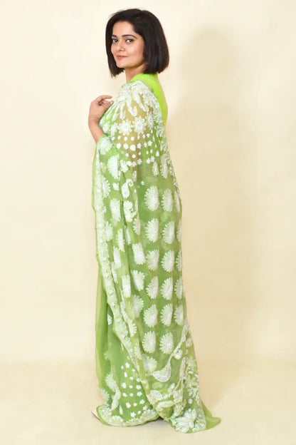 Fabnuma Handcrafted Green Georgette Chikankari Saree-Blouse - Fabnuma