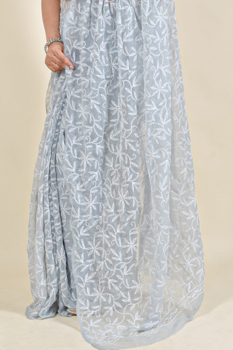 Fabnuma Handcrafted Grey Georgette Tepchi Chikankari Saree-Blouse - Fabnuma