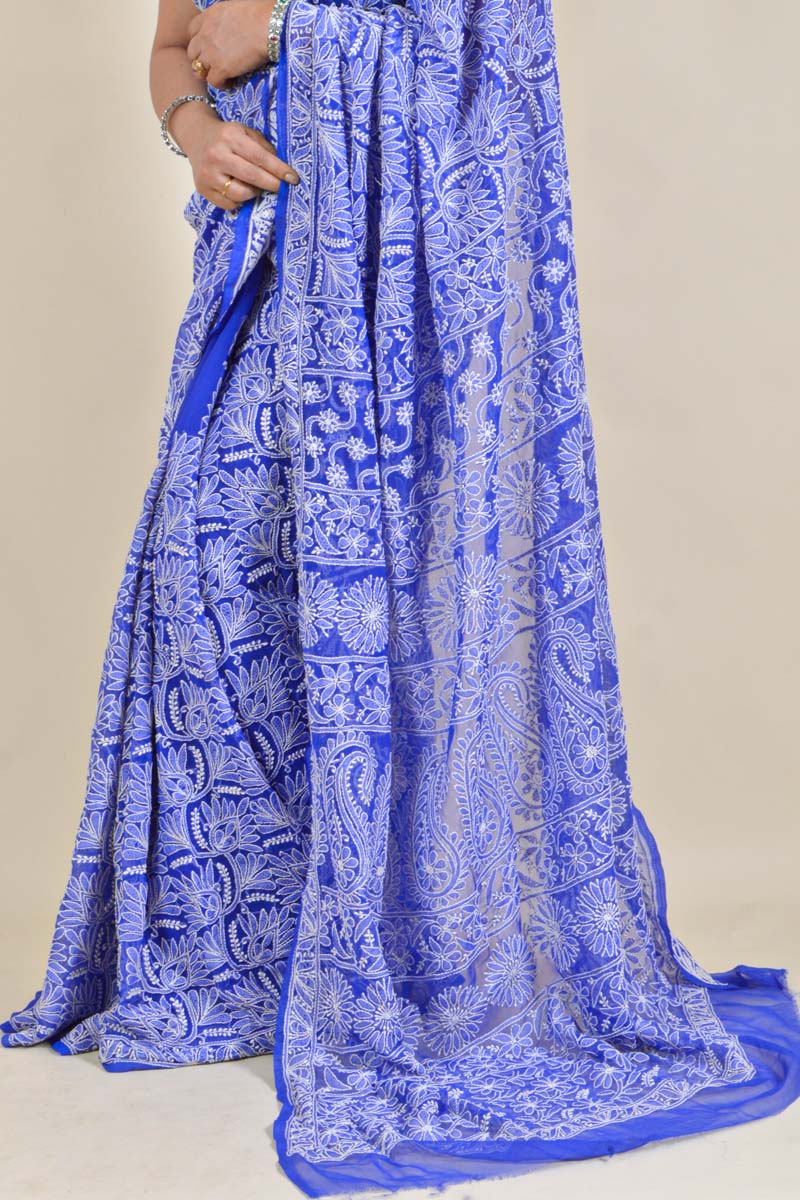 Fabnuma Handcrafted Blue Georgette Chikankari Saree-Blouse - Fabnuma