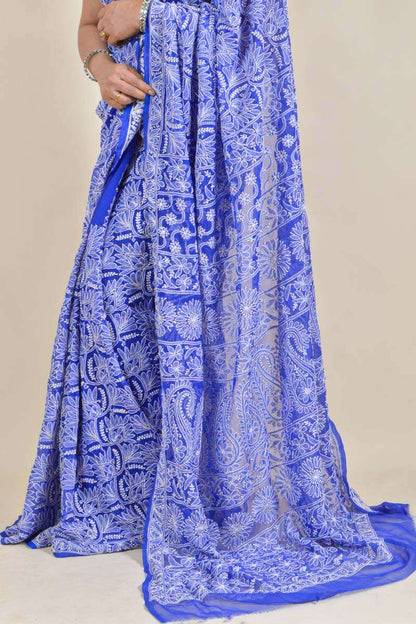 Fabnuma Handcrafted Blue Georgette Chikankari Saree-Blouse - Fabnuma