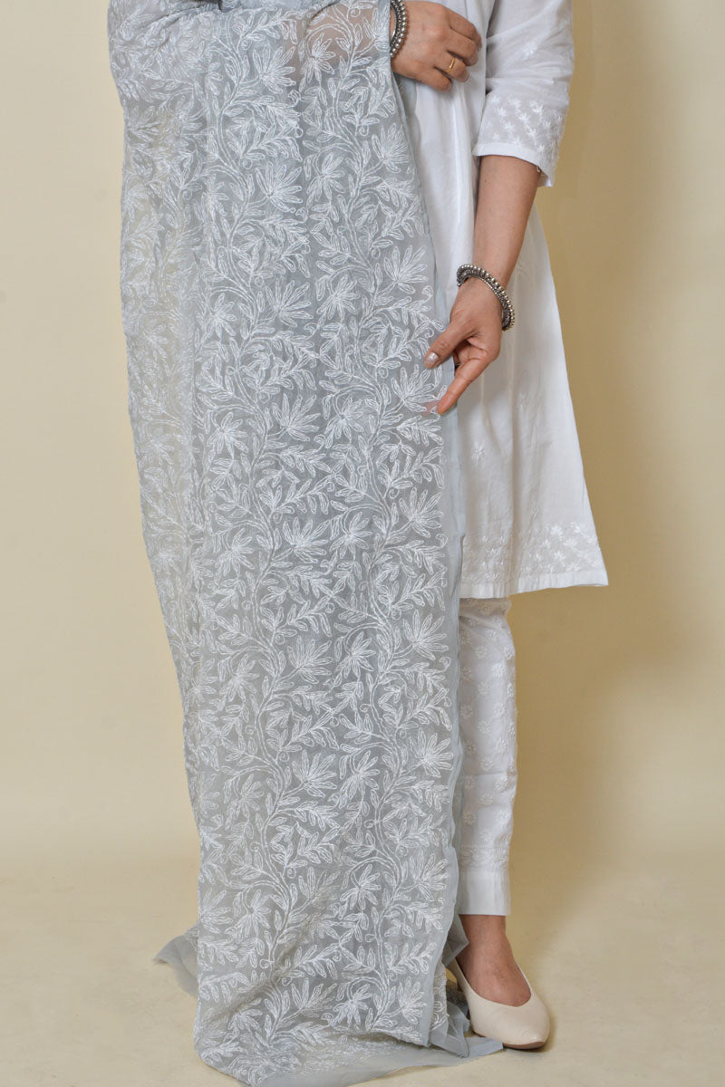 Fabnuma Handcrafted Grey Georgette Allover Tepchi Chikankari Dupatta - Fabnuma