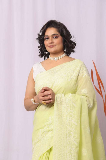 MeMaana Handcrafted Lemon Cotton Chikankari Saree-Blouse MeMaana